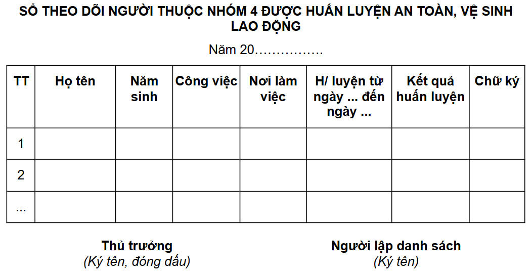 Mẫu sổ theo dõi nhóm 4 trong an toàn lao động