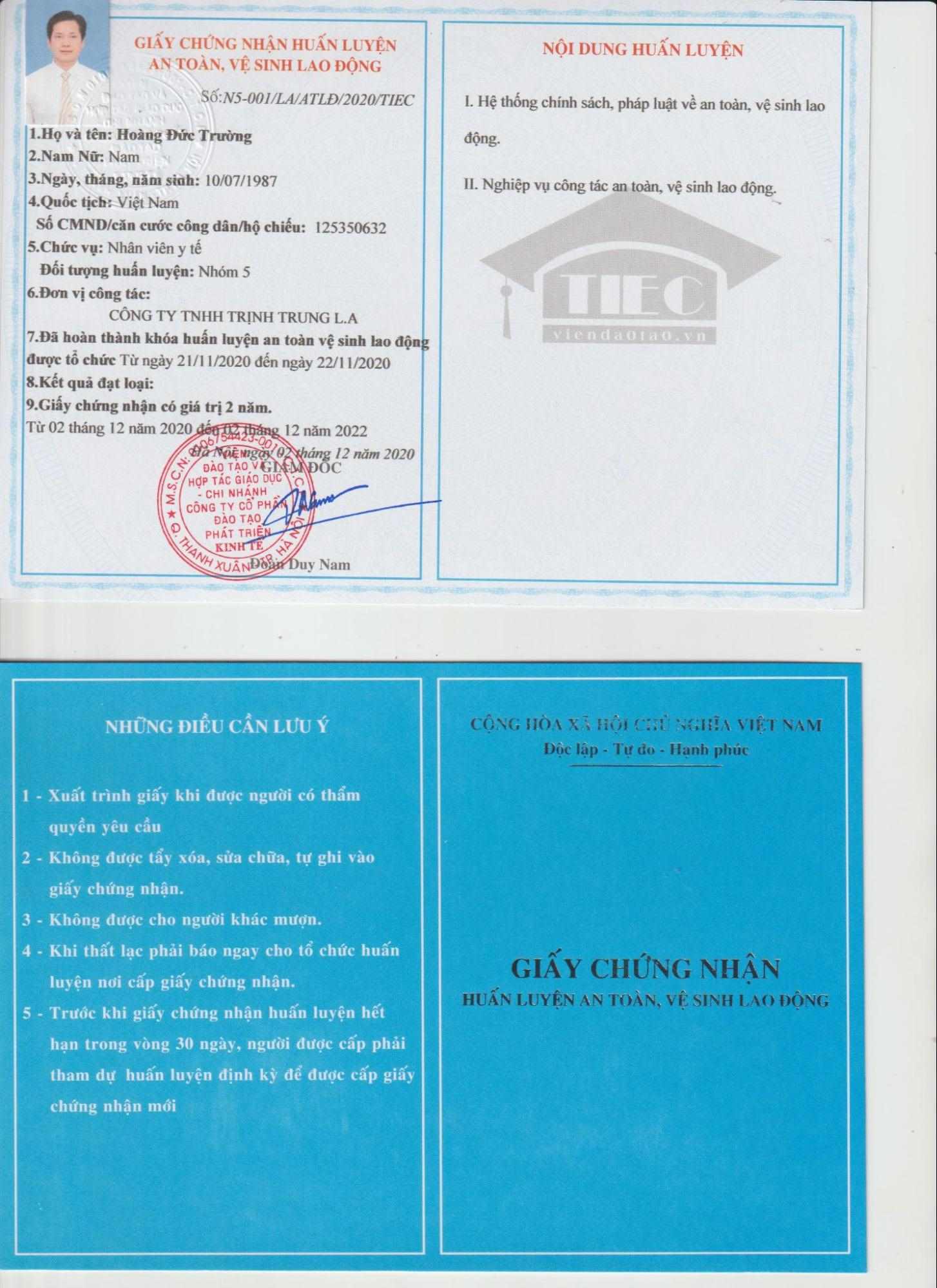 Mẫu chứng nhận huấn luyện an toàn, vệ sinh lao động nhóm 6